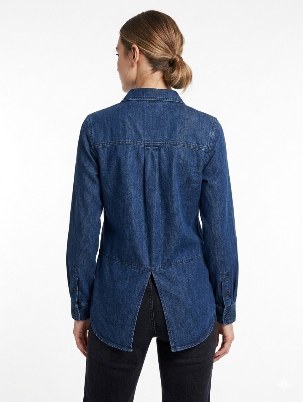 Athleta Long Denim 100% Lyocell Button Up Shirt Small Blue